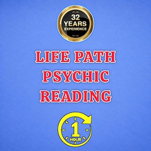May include: A blue graphic featuring a gold circular badge with the text 32 YEARS EXPERIENCE. Below this, the red text reads LIFE PATH PSYCHIC READING. At the bottom, a yellow circular icon with an arrow contains the text 1 HOUR.