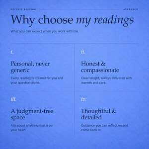 May include: A blue informational graphic titled Why choose my readings with the subtitle What you can expect when you work with me. It lists four points: i. Personal, never generic, ii. Honest & compassionate, iii. A judgment-free space, and iv. Thoughtful & detailed.
