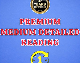 Może przedstawiać: Niebieska grafika ze złotą okrągłą odznaką z napisem 32 YEARS EXPERIENCE. Poniżej czerwony tekst brzmi PREMIUM MEDIUM DETAILED READING. Na dole znajduje się żółta okrągła ikona zegara z napisem 1 HOUR.