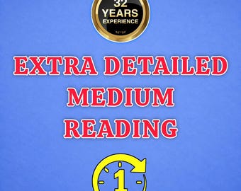 Może przedstawiać: Niebieska grafika z okrągłą odznaką ze złotą obwódką i napisem 32 YEARS EXPERIENCE. Poniżej czerwony tekst brzmi EXTRA DETAILED MEDIUM READING. Na dole żółta ikona zegara wyświetla napis 1 HOUR.