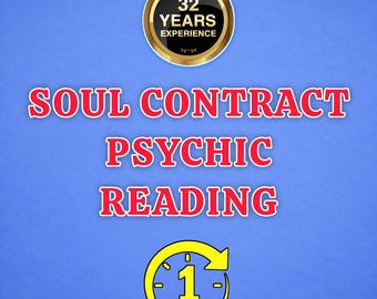 May include: A blue graphic featuring a gold-bordered circular badge with the text 32 YEARS EXPERIENCE. Below this, the red text reads SOUL CONTRACT PSYCHIC READING. At the bottom, a yellow circular clock icon contains the text 1 HOUR.