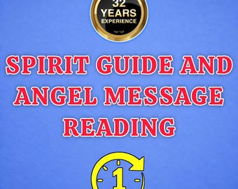 May include: A blue graphic featuring a gold circular badge with the text 32 YEARS EXPERIENCE. Below this, the red text reads SPIRIT GUIDE AND ANGEL MESSAGE READING. At the bottom, a yellow circular clock icon displays the text 1 HOUR.