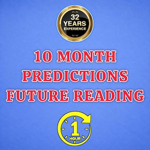 May include: A blue graphic featuring a gold-rimmed circular badge with the text 32 YEARS EXPERIENCE. Below, red text reads 10 MONTH PREDICTIONS FUTURE READING. At the bottom, a yellow circular clock icon contains the text 1 HOUR.