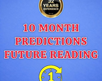 Puede incluir: Un gráfico azul con una insignia circular de borde dorado con el texto 32 YEARS EXPERIENCE. Debajo, el texto rojo dice 10 MONTH PREDICTIONS FUTURE READING. En la parte inferior, un icono de reloj amarillo contiene el texto 1 HOUR.