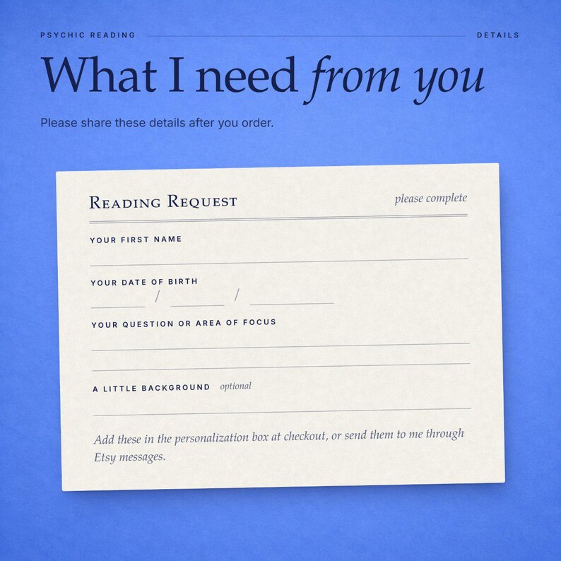 May include: A cream-colored rectangular form titled Reading Request on a blue background. It includes fields for first name, date of birth, question or area of focus, and background. Text reads: What I need from you, Please share these details after you order.