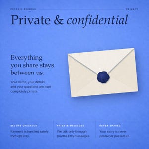 May include: A blue graphic featuring an off-white envelope sealed with a dark blue wax stamp. Text reads: Psychic Reading, Privacy, Private & confidential, Everything you share stays between us, Your name, your details and your questions are kept completely private, Secure checkout, Private messages, Never shared.