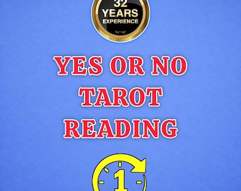 May include: A blue graphic featuring a gold-rimmed black circle with the text 32 YEARS EXPERIENCE. Below, the red text reads YES OR NO TAROT READING. At the bottom, a yellow circular clock icon contains the number 1 and the text HOUR.