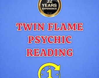 May include: A blue graphic featuring a gold-rimmed black circle with the text 32 YEARS EXPERIENCE. Below, the red text reads TWIN FLAME PSYCHIC READING. At the bottom, a yellow circular icon with a clock arrow contains the text 1 HOUR.