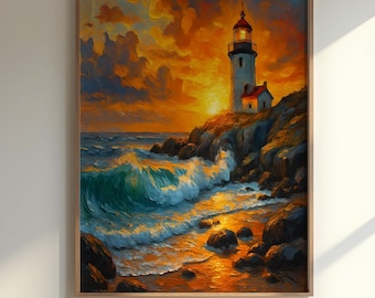 Rustige oceaanzonsondergang muurdecor, vuurtoren zeegezicht afdrukbaar, kustkunst downloaden