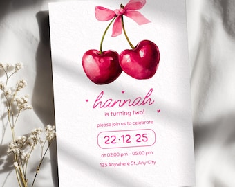 Cherry Bow Birthday Invitation Template, Cherries with Pink Bow Invite, Editable Girls Birthday Party Card, Printable & Digital Evite