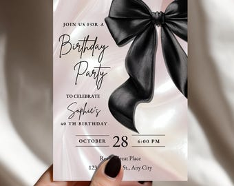 Black Bow Birthday Invitation Template, Elegant Editable Party Invite, Digital & Printable Ribbon Coquette Evite.
