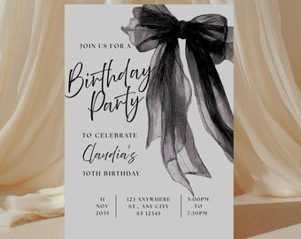Black Bow Birthday Invitation Template, Elegant Editable Party Invite, Digital & Printable Ribbon Coquette Evite.