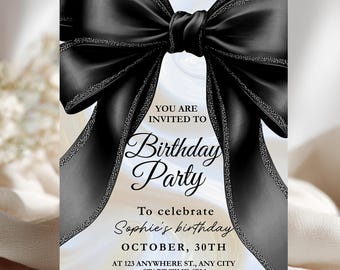 Black Bow Birthday Invitation Template, Elegant Editable Party Invite, Digital & Printable Ribbon Coquette Evite.