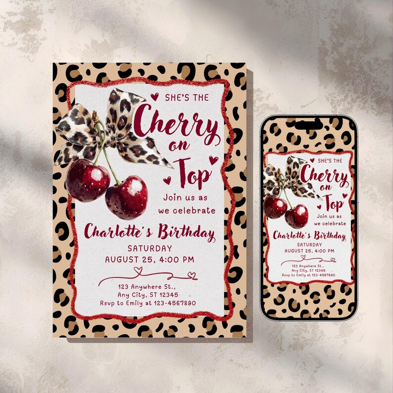 Cheetah Cherries Birthday Invitation Template, Cherry on Top, Leopard ...