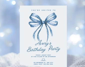 Bow Birthday Invitation Template, Editable Elegant Girl Party Invite, Hand Painted Blue Coquette Ribbon Birthday Card, Printable & Digital