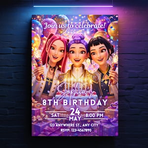 May include: A birthday party invitation featuring three animated girls holding sparklers. The invitation reads "Join us to celebrate! Sophia's 8th Birthday" with the date, time, and location. The background includes balloons and wrapped gifts.