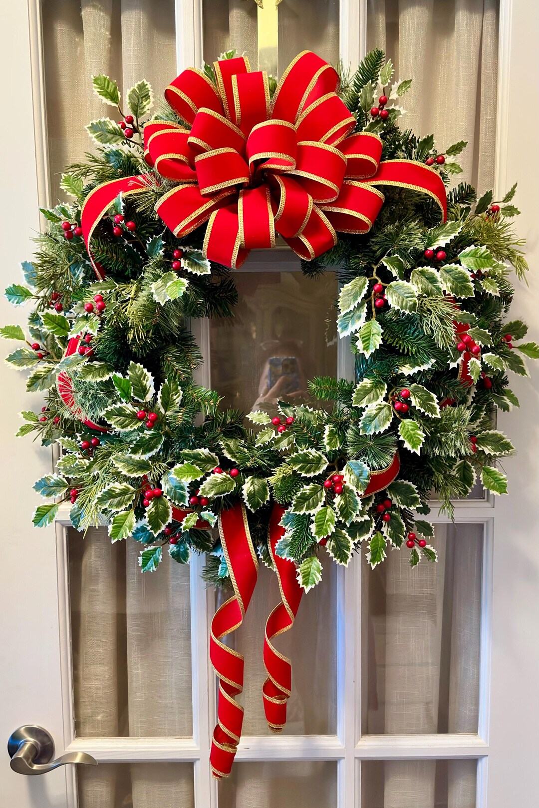 Holly, Ivy & Red Berry Winter Wreath With Velvet Bow - Etsy