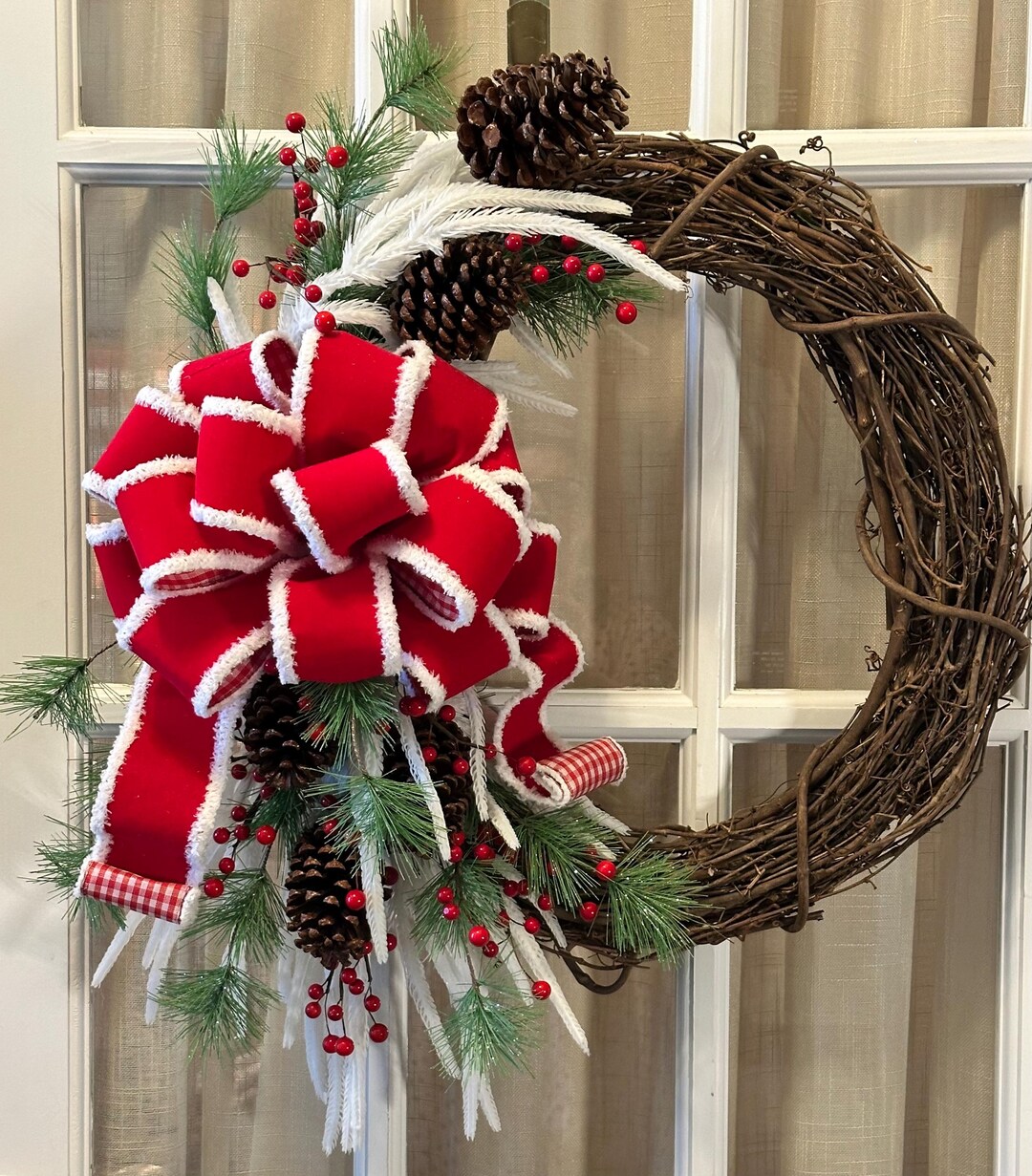 Norfolk Pine Winter Wreath: Red Velvet Bow, Pinecones & Berries - Etsy
