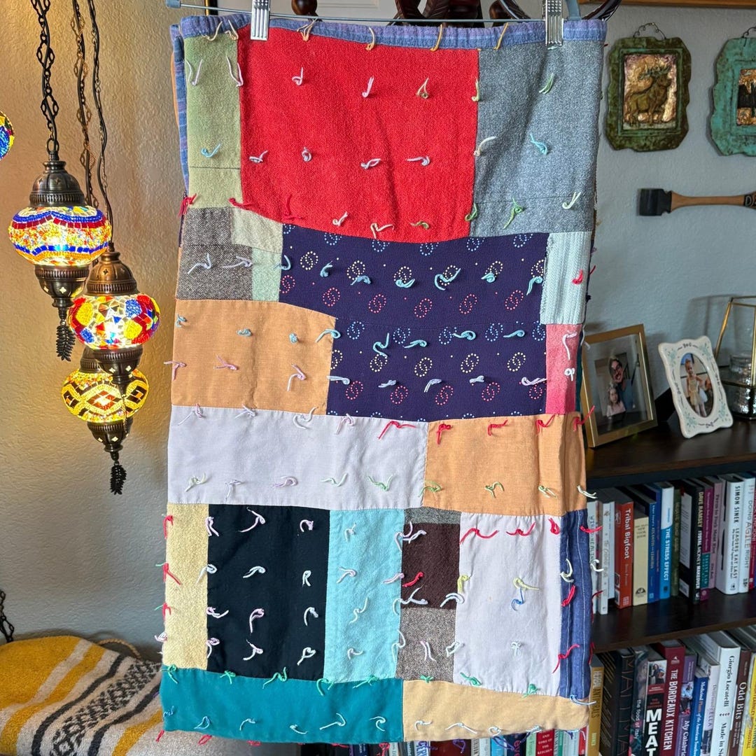 Vintage Handmade Scrap Patchwork Quilt – Mixed Cotton & Wool – Tied ...