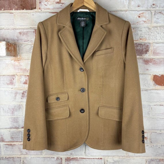 Eddie Bauer, Vintage Eddie Bauer EST 1920 Wool Camel Blazer 14P Green Lining Equestrian Luxe