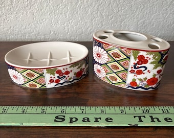 Vintage Japanese Ceramic MCM Bathroom Set Toothbrush Holder Soap Dish Floral