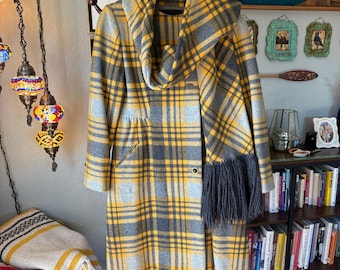 Vintage Bonwit Teller Heavy Wool Plaid Coat with Attached Fringe Scarf Detail