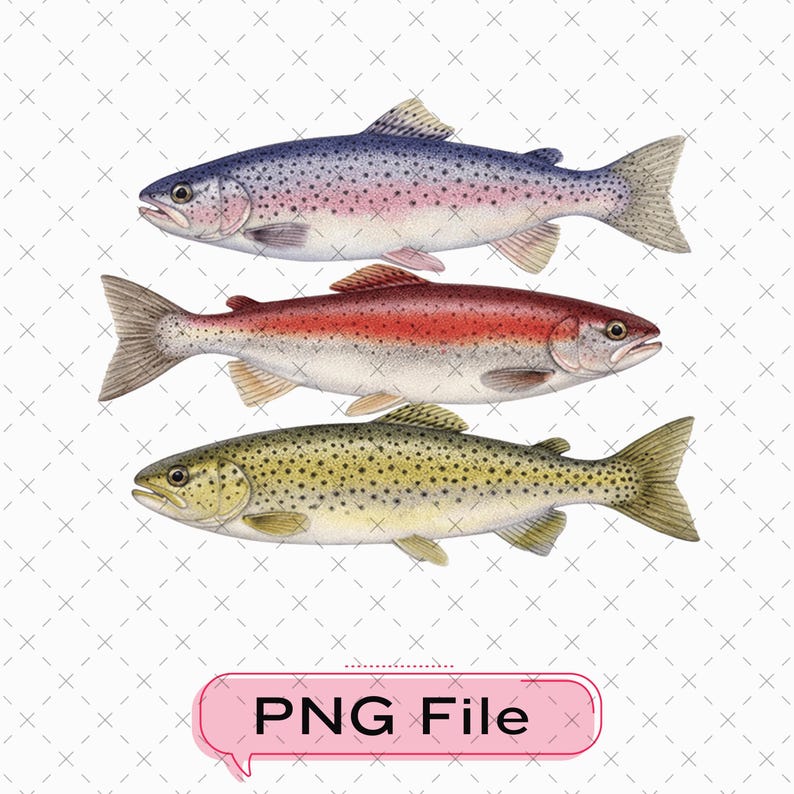 May include: Three watercolor illustrations of fish. The top fish is blue with pink spots, the middle fish is red, and the bottom fish is yellow with brown spots. The image includes the text "PNG File" in a pink speech bubble.