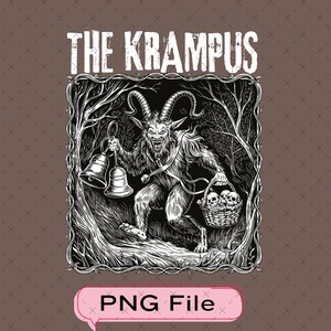 May include: Black and white illustration of the Krampus, a horned figure holding bells and a basket of skulls, surrounded by a forest frame. The text "THE KRAMPUS" is at the top. A pink speech bubble at the bottom says "PNG File".