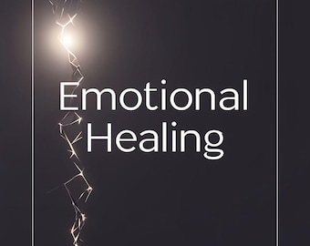 Può includere: Sfondo grigio scuro con cornice quadrata bianca. Le parole "Emotional Healing" sono centrate in bianco. Un effetto di luce brillante e fratturata attraversa verticalmente l'immagine.