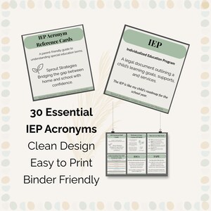 May include: Educational resource featuring "IEP Acronym Reference Cards" and "Individualized Education Program" information. The cards are designed to help parents understand special education terms. The image also highlights "30 Essential IEP Acronyms" with a clean, easy-to-print design.
