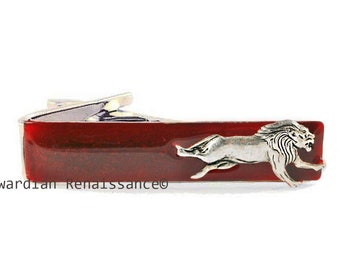 Running Lion Tie Clip Inlaid in Hand Painted Glossy Oxblood  Enamel Safari Inspired Vintage Style Leo Neck Tie Bar Accent