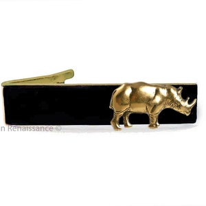 Rhino Tie Clip Inlaid in Hand Painted Black Enamel Neo Victorian Safari Rhinoceros Tie Bar Accent Custom Color Options Available
