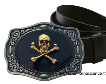 Antique Gold Skull and Crossbones Belt Buckle Inlaid in Hand Painted Glossy Black Onyx Enamel Gothic Victorian Inspired with Color Options