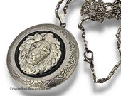 Lion Keepsake Locket Inlaid in Hand Painted Glossy Black Onyx Enamel Neoclassic Pill Box Necklace with Personalized and Color Options