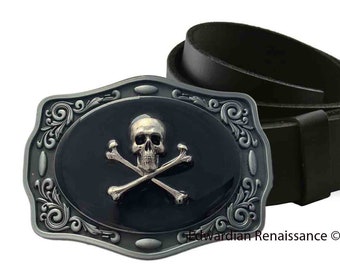 Antique Silver Skull and Crossbones Belt Buckle Inlaid in Hand Painted Glossy Black Onyx Enamel Neo Victorian Inspired with Color Options