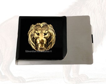 Prowling Lion Money Clip Inlaid in Hand Painted Gold Swirl Enamel Neoclassic Design Money Holder Custom Colors and Personalized Options