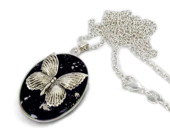 Butterfly Locket Inlaid in Hand Painted Black with Silver Splash Enamel Art Nouveau Inspired Necklace with Personalized and Color Options