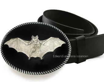 Bat Belt Buckle Inlaid in Hand Painted Glossy Black Enamel Gothic Victorian Inspired Oval Silver Buckle with Color Options