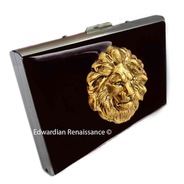 Large Lions Head Credit Card Wallet with RFID Blocker in Hand Pianted Black Enamel Neoclassic Leo Case with Personalized and Color Option