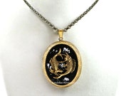Pisces Locket Pill Box Necklace Inlaid in Hand Painted Glossy Black Enamel Neo Victorian Zodiac Pendant with Color and Personalized Option