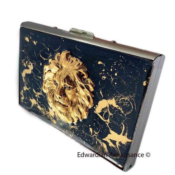 Lions Head Credit Card Wallet with RFID Blocker in Hand Pianted Black with Gold Swirl Enamel with Custom Color and Personalized Option