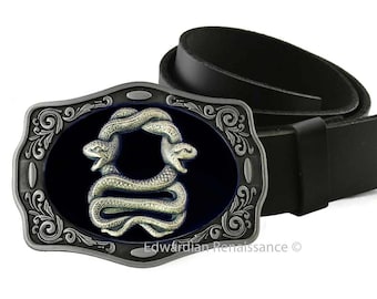 Snake Belt Buckle Inlaid Hand Painted Glossy Black Onyx Enamel Ornate Gothic Victorian Serpent Buckle with Color Options