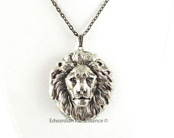 Antique Silver Lion Head Pill Box Necklace Neo Victorian Leo Oval Unisex Locket Necklace with Personalized and Color Options