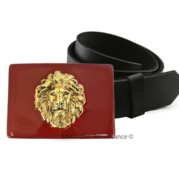 Lions Head Belt Buckle Inlaid in Hand Painted Ox Blood Opaque Enamel Neo Victorian Leo Inspired Assorted Color Options