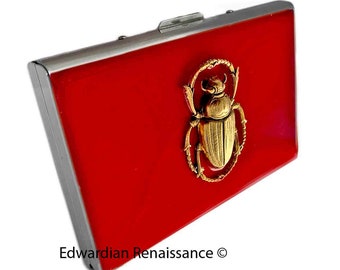 Antique Gold Scarab Credit Card Wallet RFID Blocker in Hand Painted Glossy Red Enamel Art Deco Beetle with Color and Personalized Option