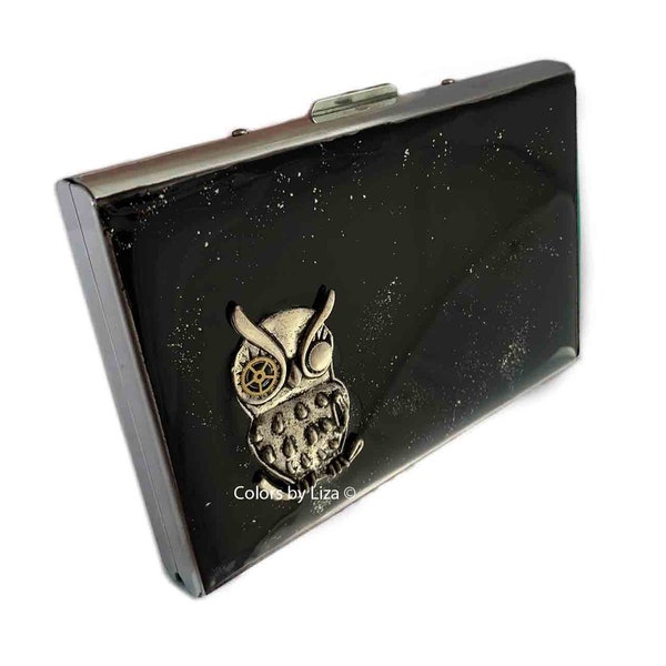 Robot Owl with Gear Watch Parts Metal Accordion Wallet Inlaid in Hand Painted Enamel Sci Fi Fantasy RFID Case with Personalized Options