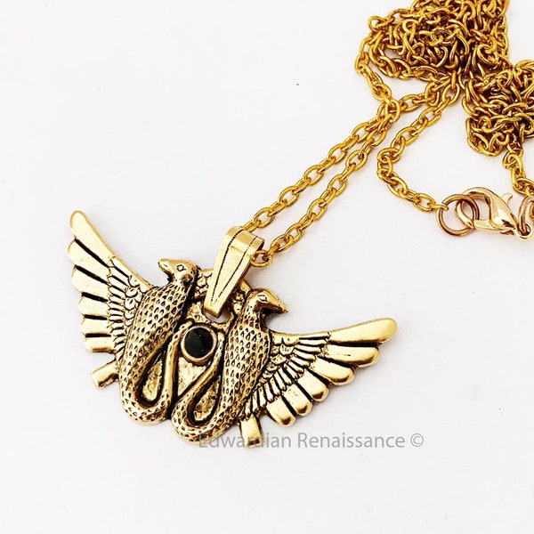 Winged Sun Disc with Serpent Design Necklace Antique Gold Egyptian Symbol Jewelry Choose your Chain Length and Color Accesnt