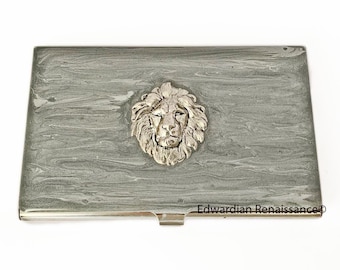 Lion Head Card Case Inlaid in Hand Pained Silver Enamel Neoclassic Design with Personalized and Color Options