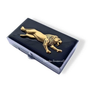 Vintage Style Lion Pill Box: Hand Painted Black Enamel, Safari Inspired