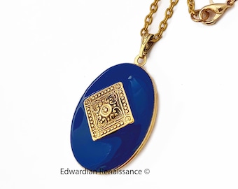 Art Deco Locket Inlaid in Hand Painted Navy Enamel Moorish Medallion Design Necklace with Personalized and Assorted Color Options